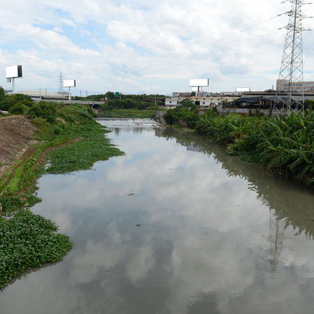 Water pollution in river with trash.の写真素材