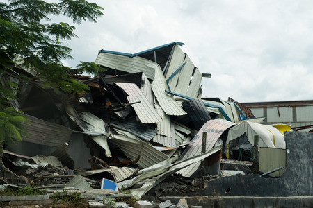 old ruined buildings of metal warehouse.の写真素材
