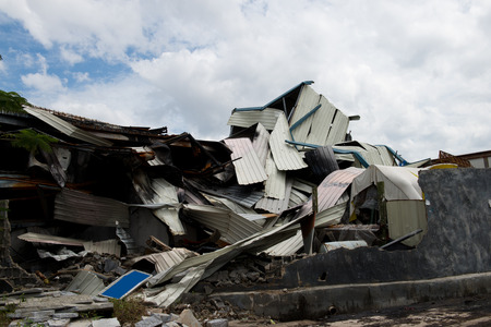old ruined buildings of metal warehouse.の写真素材