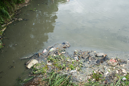 Water pollution in river with trash.の写真素材