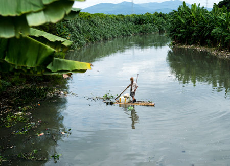 Water pollution in river with trash.の写真素材