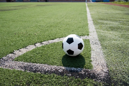 soccer ball on stadium grass line.の写真素材