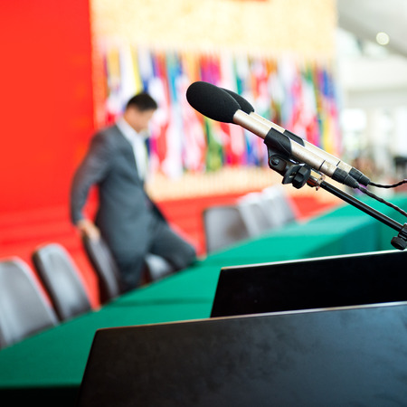 Speaker's table in conference room.の写真素材