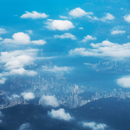 hong kong skyline, view from a flying airplane.