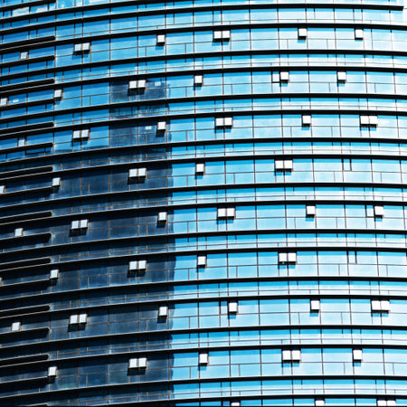 Close-up photo of modern glass building skyscrapers.