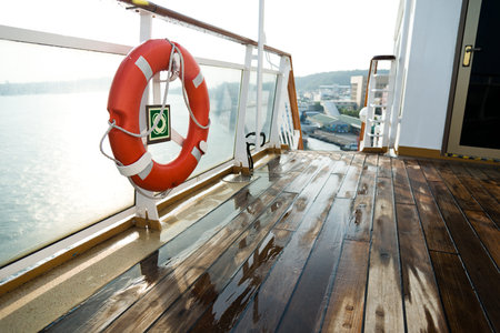 Life buoy on the deck of cruise ship.の写真素材