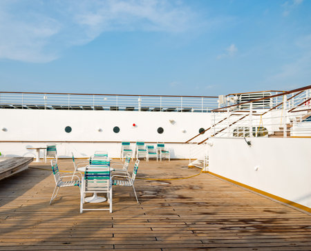 row of sun chairs  on the ship deckのeditorial素材