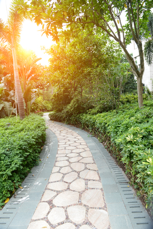 Stone pathway into garden during day timeの写真素材