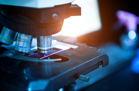 A close-up of a microscopeのeditorial素材