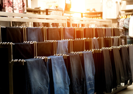 Row of hanged jeans in a shopの写真素材