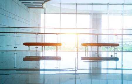modern interior with glass wall in an office building.