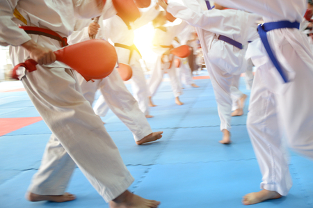 People in martial arts training exercising Taekwondo. blur motionの写真素材