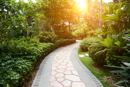 Stone pathway into garden during day timeの写真素材