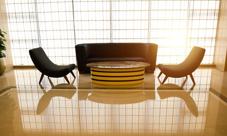 Office room with chairs and table. Floor reflection