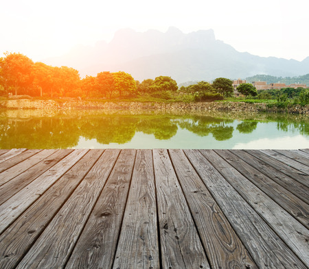 Wood textured backgrounds in a platform on the lake backgrounds.の写真素材