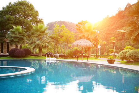 Modern backyard with swimming pool.のeditorial素材
