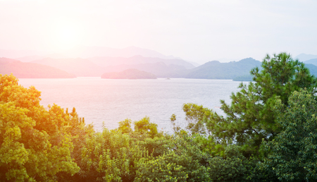 scene of the mountains surround lake.の写真素材