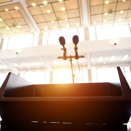 Speaker's table in conference room.のeditorial素材