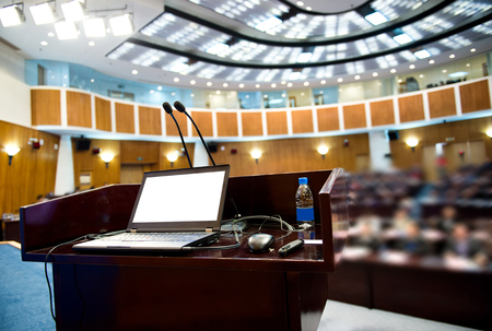 Speaker's table in conference room.の写真素材