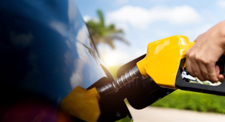 Hand refilling the car with fuel at the gas stationの写真素材