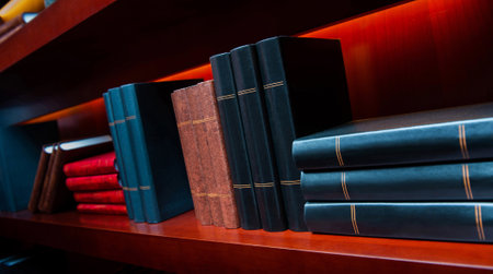 Many old hardcover books on a bookshelfの写真素材