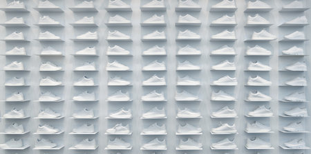Store wall with large group of white sneakersの写真素材
