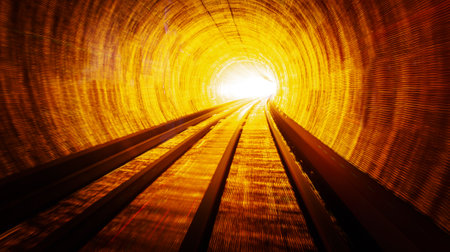 Train moving fast in tunnel with blurred motionの写真素材