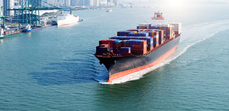 Large cargo container ship arriving in portの写真素材