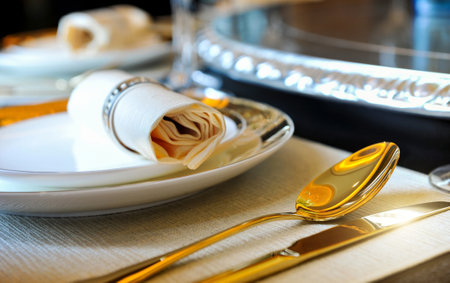 Fork and knife on a napkin with plate, elegant dinnerの写真素材