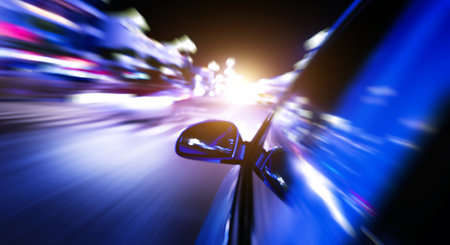 Night drive with motion blur city backgroundの写真素材
