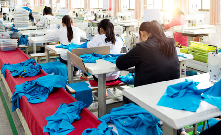Rear view of chinese female blue collar workers working in clothing factory in a rowの写真素材
