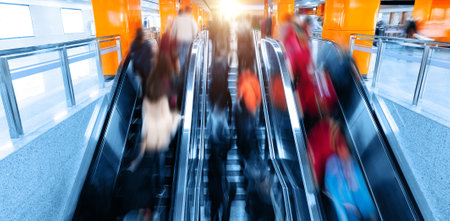 Top view of passengers moving at escalator in the subway stationの写真素材