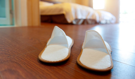 Pair of slippers on parquet floor of hotel roomの写真素材