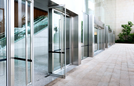 Glass door of modern office buildingの写真素材