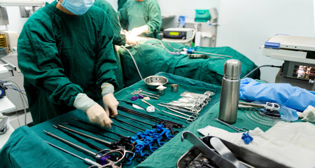 Surgeons are operating with nurse preparing medical instrumentsの写真素材