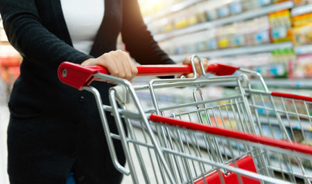 Woman hand with shopping cart in a supermarket walkingの写真素材