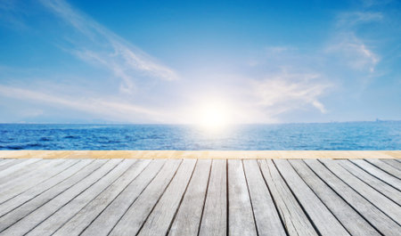 Wood platform beside the sea for background