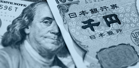 Japanese Yen and US dollar bank note, currency exchange rateの写真素材