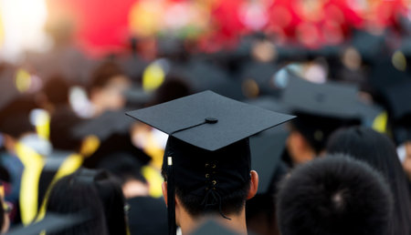 Back view of graduates during commencementの写真素材