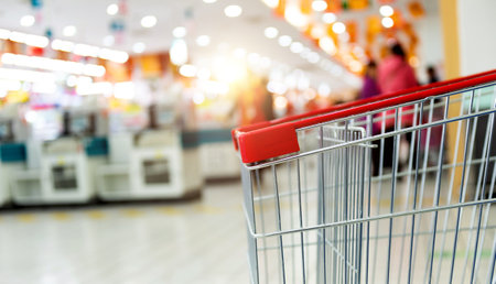 Empty shopping cart in supermarketの写真素材