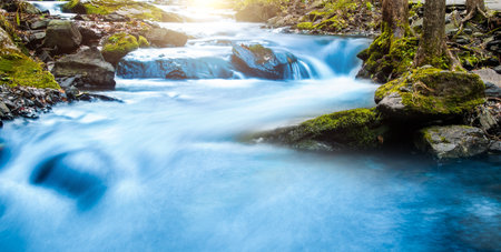 Beautiful waterfall in green forestの写真素材