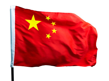 Chinese flag on pole waving in the wind against white backgroundの写真素材