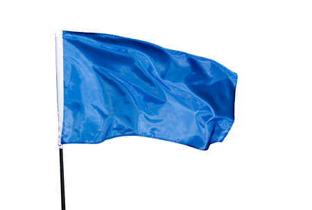 Blue flag waving against white backgroundの写真素材