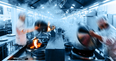 Motion chefs working in Chinese restaurant kitchenの写真素材