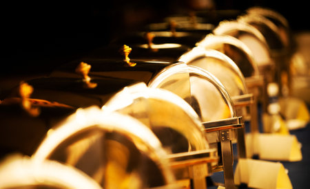 Many buffet heated trays in a rowの写真素材