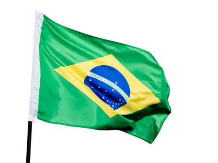 Brazilian flag waving against white backgroundの写真素材