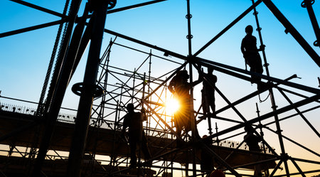 Group of construction workers working on scaffoldingの写真素材