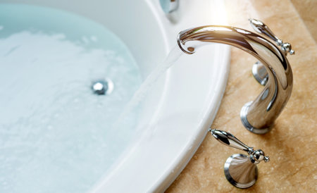 Luxury bath tub and water tap with flowing waterの写真素材
