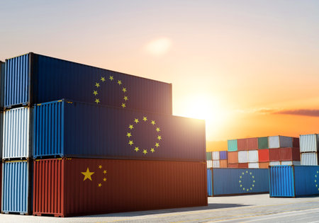 Large group of cargo containers with European Union flag and Chinese flag at the docksの写真素材