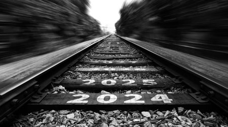 Empty railroad with new year number 2024, 2025 to 2027の写真素材